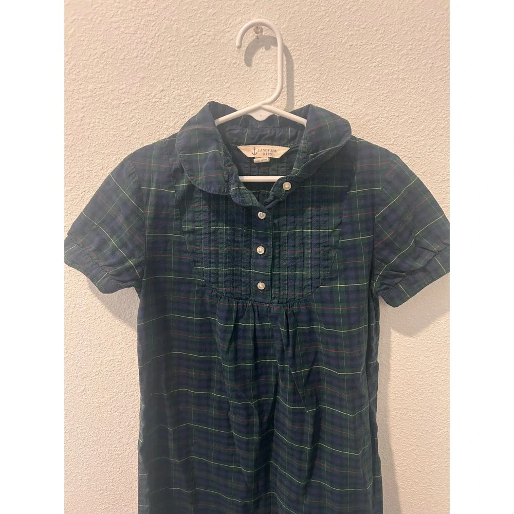 Lands End Kids Blue Green Plaid Pintuck Bib Peter Pan Collar Dress Size 7